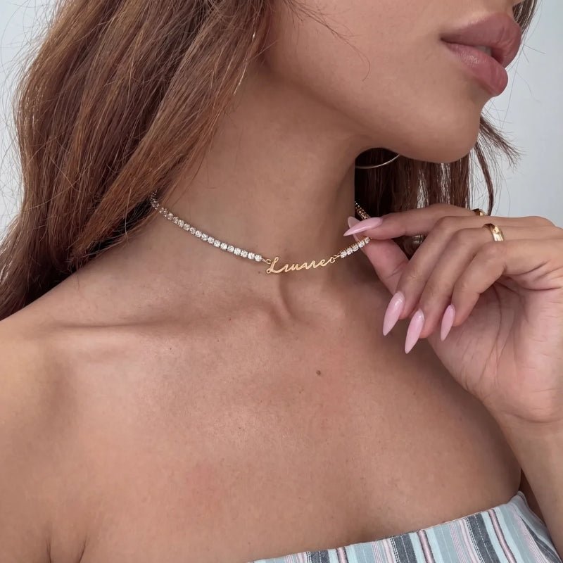 Halskette Tennis Name - Personalisiert Gold Zirkonia